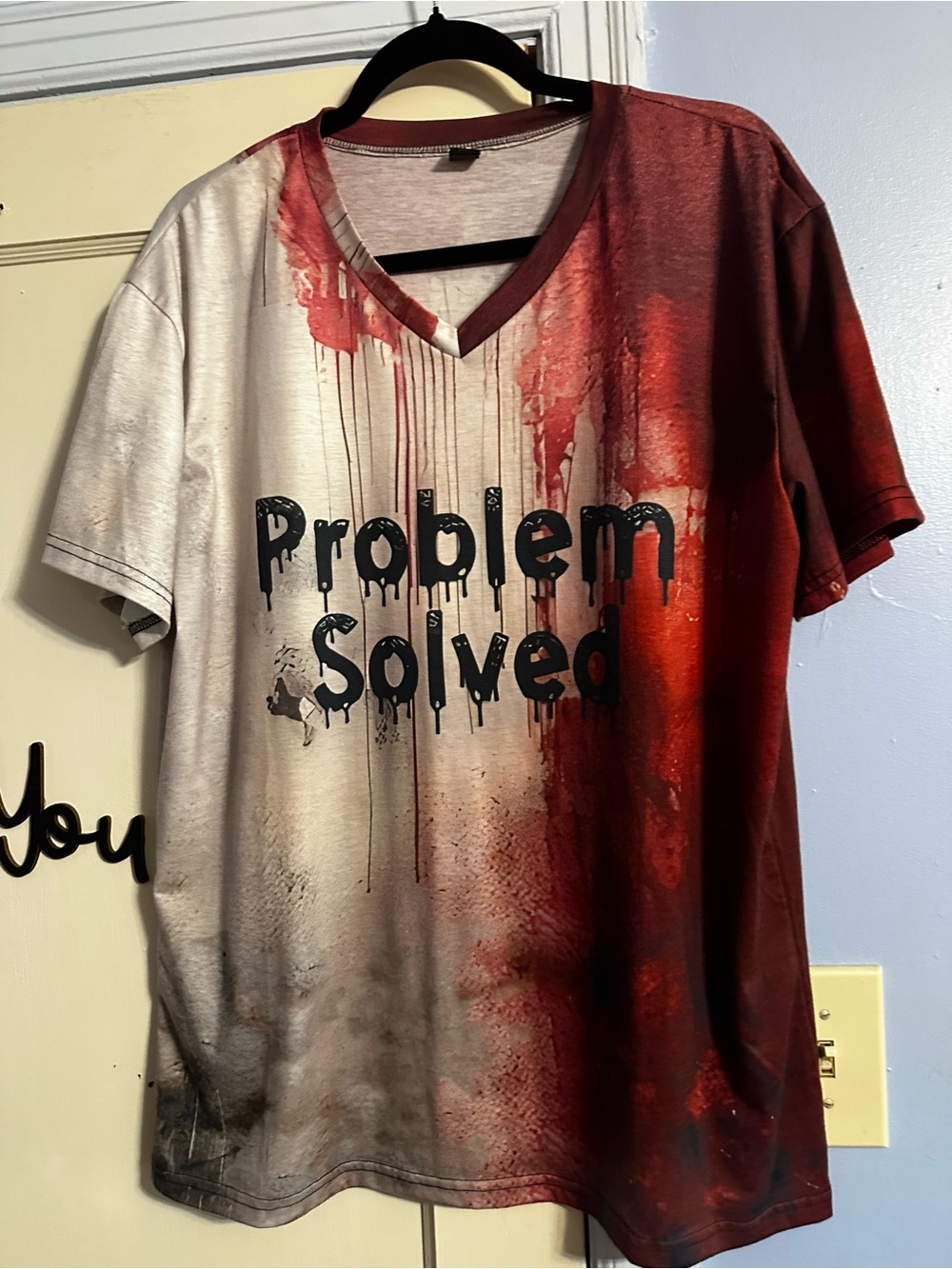 Problem Solved Women’s V-Neck Graphic Tee - Red & White